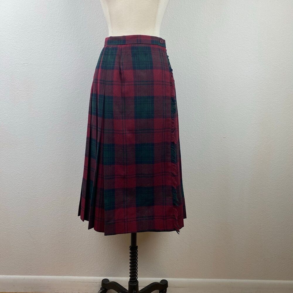 Vintage Copley Square Wool Pleated Wrap Skirt Fringe Side10 Red Green Plaid
